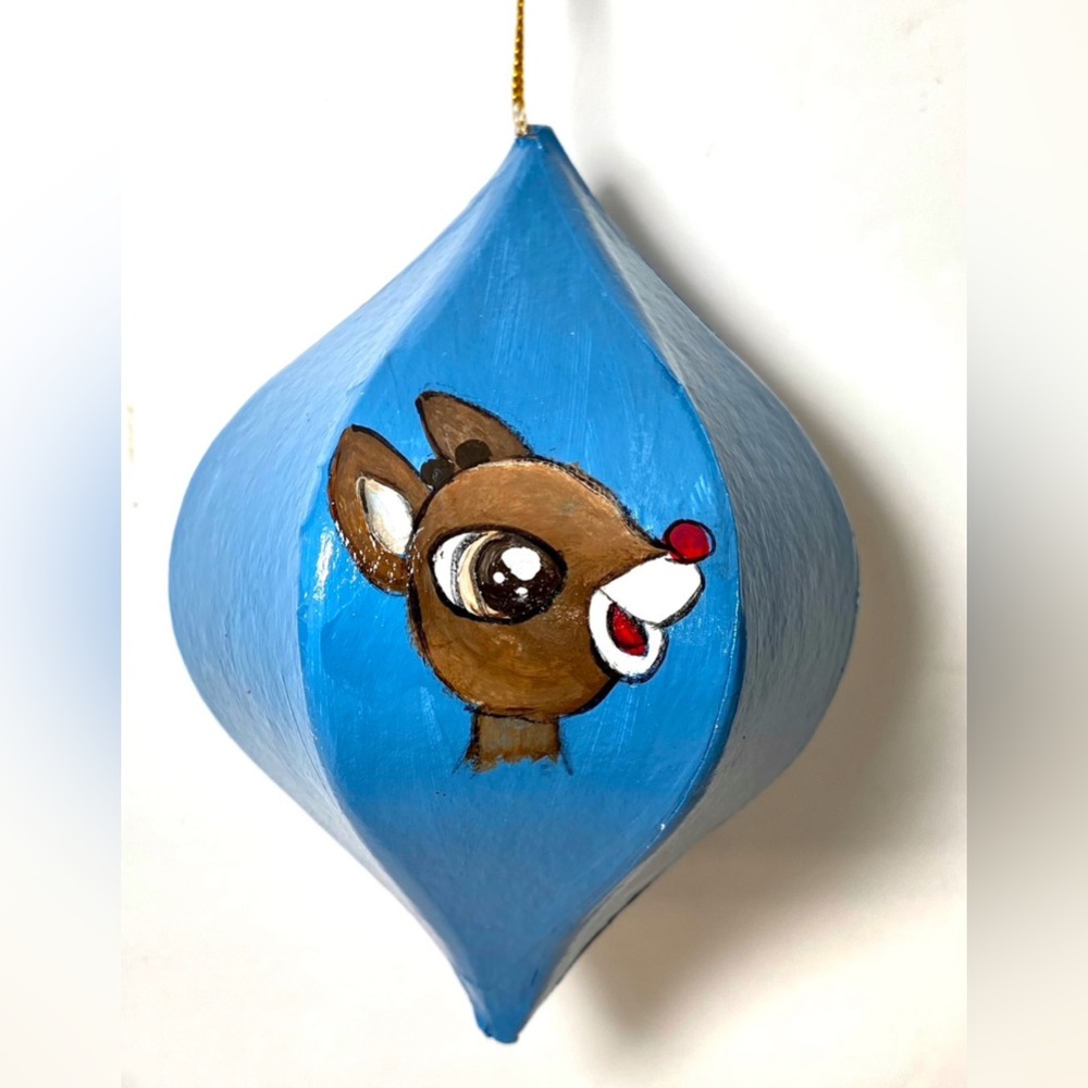 ORIGINAL Hand Painted Rudolph Hermie Santa 6 Side Paper Mache Christmas Ornament